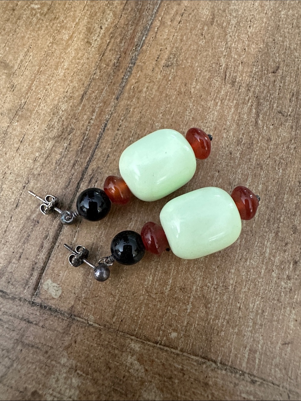 Pale Green Bead Drop Earrings with Red and Black Accents